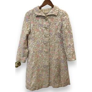 Vintage Saks Fifth Avenue 1960s Floral Brocade Coat 3/4 Sleeve Cream Pink Sz XS